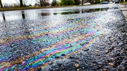 Fototapeta premium Iridescent Oil Slick on Wet Asphalt Road Surface
