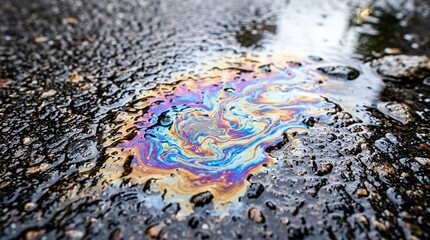 Fototapeta premium Iridescent Oil Slick on Wet Asphalt Surface
