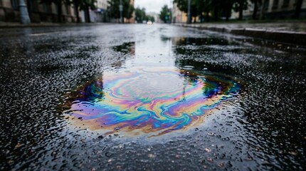 Fototapeta premium Iridescent Oil Slick on Wet Asphalt Street Reflecting Sky