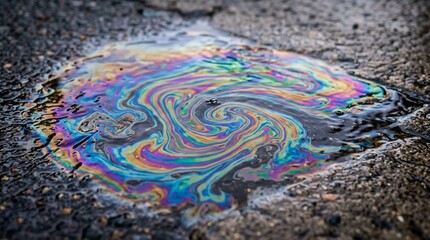 Fototapeta premium Iridescent Oil Slick Swirl in Puddle on Asphalt