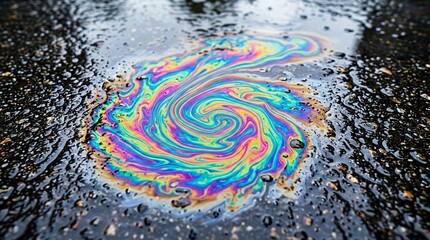 Fototapeta premium Iridescent Oil Slick Swirl on Wet Asphalt - Rainbow Petrochemical Puddle