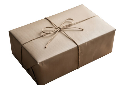 Brown paper gift box tied with simple string isolated on transparent background