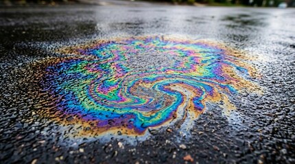 Fototapeta premium Rainbow oil slick on wet asphalt road, environmental pollution