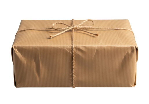 Small cardboard box wrapped in brown paper with string isolated on transparent background