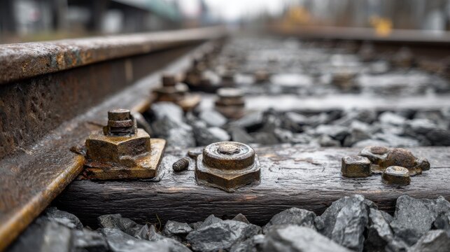 A close-up of rusty railroad tracks with weathered wooden ties, stone ballast, and metal fixings, leading to a blurred horizon