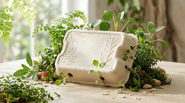 Lavender Soap and Towel on a Table with Fresh Herbs in a Peaceful Garden Setting for Natural Spa and Wellness Concepts