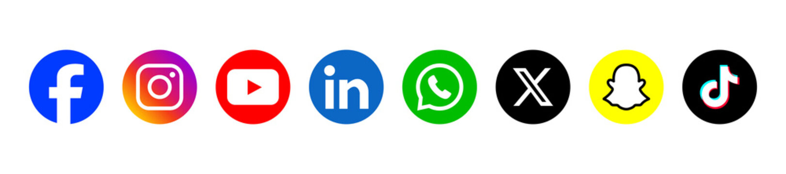 Collection of high-resolution social media icons including Facebook, Instagram, YouTube, LinkedIn, X (formerly Twitter), Snapchat, and TikTok circles isolated on a white or transparent background.