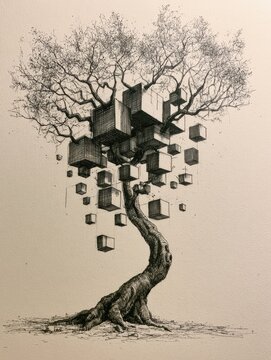 Surreal tree formed from endlessly repeating boxes, creating a recursive abstract structure and infinite visual pattern.