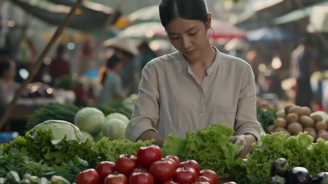 Young Asian Woman Selecting Fresh Organic Vegetables at a Traditional Street Food Market Stall in Southeast Asia