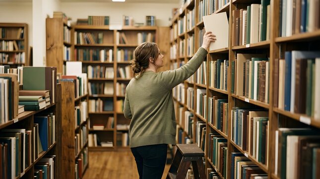 Woman reaching for a book on a high shelf in a quiet library aisle