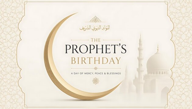 The prophets birthday celebration card featuring golden crescent moon and mosque silhouette background golden decoration religious festival arabic typography traditional design holy day