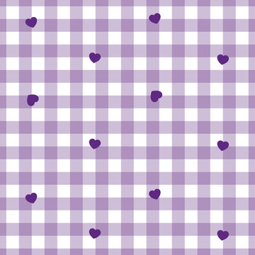 Seamless pattern with purple hearts on a light purple and white gingham checkered background