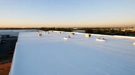 Obraz premium A large white roof of a commercial building with ventilation units under a clear sky during sunrise or sunset
