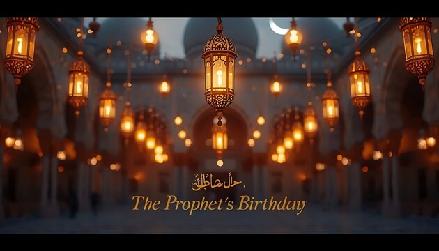 The prophets birthday celebration with hanging traditional arabic lanterns and glowing mosque interior traditional lamps glowing lights religious holiday mowlid decoration arabic architec