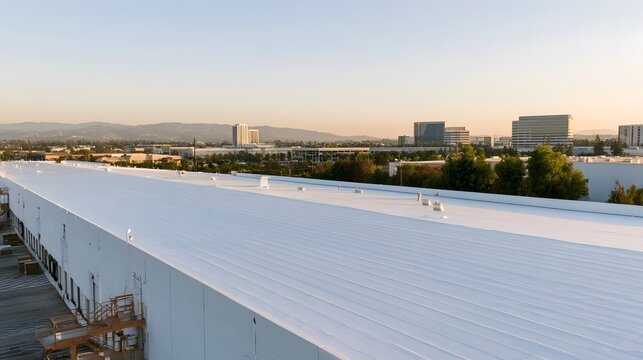 A large white warehouse roof with reflective coating  set against a distant urban skyline and tree lined horizon under clear sky