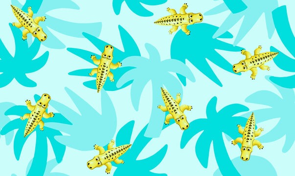 Seamless pattern with cute yellow crocodiles and turquoise palm trees on a light blue background, tropical summer print for kids fabric or wallpaper