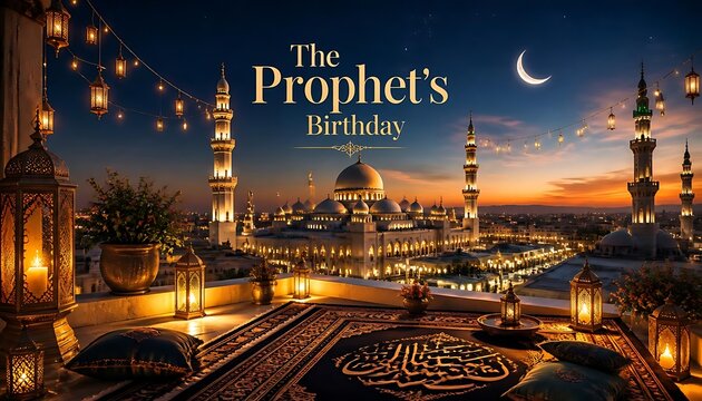 The prophets birthday greeting over illuminated mosque rooftop with lanterns and sunset sky islamic holiday traditional lanterns crescent moon arabic architecture dome structure religion