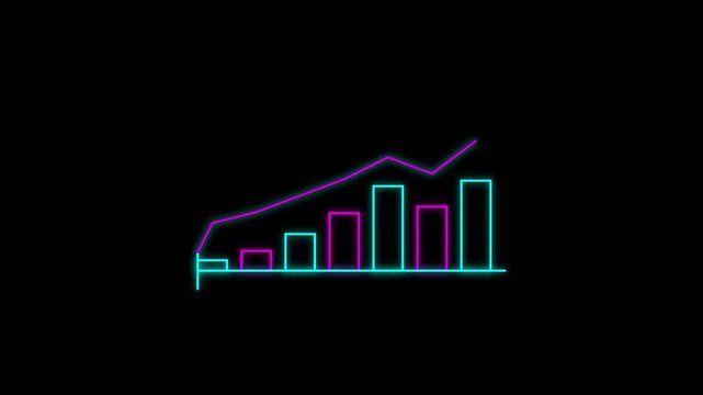 Neon financial bar chart and line graph animation for business growth and data analysis concepts