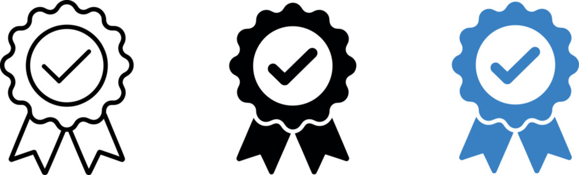 Badge or award icon set. Quality guarantee symbol. Simple pictogram for approval, certificate, verified seal, achievement, premium badge and UI design.