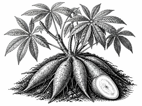 Cassava Plant with Edible Roots and Leaves Illustration.