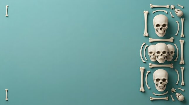 Skeleton Skull and Bone Arrangement on Teal Background for Halloween Design