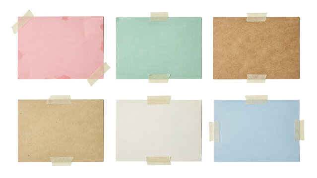 Set of six colorful blank paper rectangles attached with masking tape rectangles stickers colorful stationary