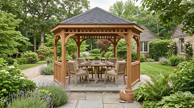 Wooden gazebo dining table in landscaped garden