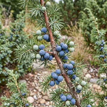 Blue juniper berries on prickly evergreen branch