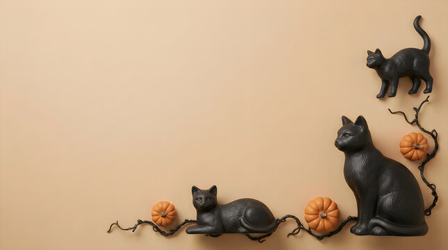 Black cats and small orange pumpkins arranged as a creative halloween holiday border frame