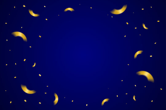Many Falling Golden Confetti Falling on Blue Background. Festive Celebrations. Vector Illustration