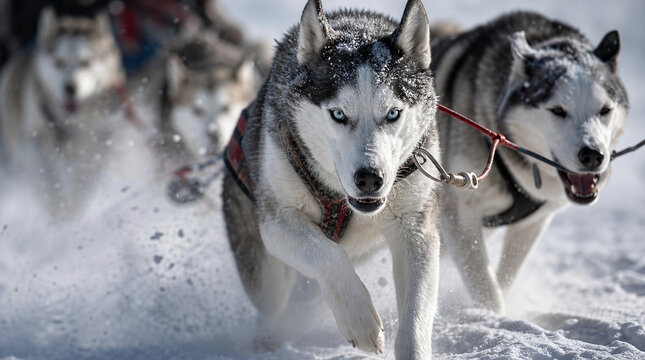 An extreme close-up, a sled dog team racing across a snowy tundra, the lead dog's eyes are locked forward,  raw, powerful motion.