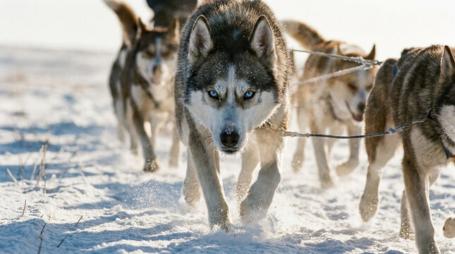 Sled dog team racing across snowy tundra close-up, lead dog focused