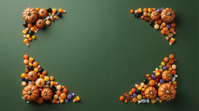 Halloween candy corn and mini pumpkins arranged in four corners on a dark gray background