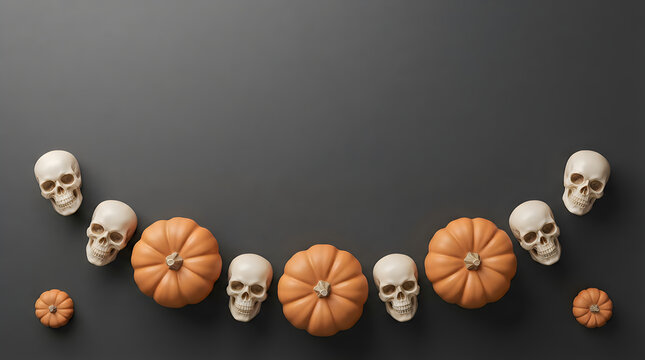 Halloween pumpkins and skulls arranged in a curve on a dark grey background for festive design