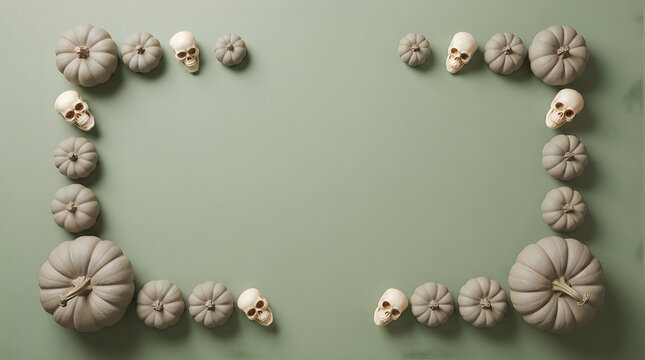 Halloween frame made with small grey pumpkins and human skulls on a muted green surface