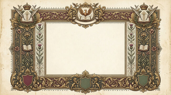 Vintage academic certificate frame with floral thistles and heraldic shields on antique paper.