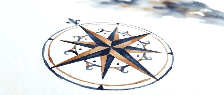 Compass rose navigation symbol drawn on white sand beach with wooden