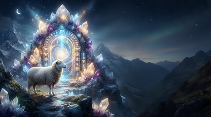 Obraz premium White llama standing before glowing mystical portal with crystalline