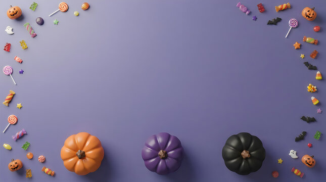 Colorful halloween pumpkins and candies arranged in a border on a purple background