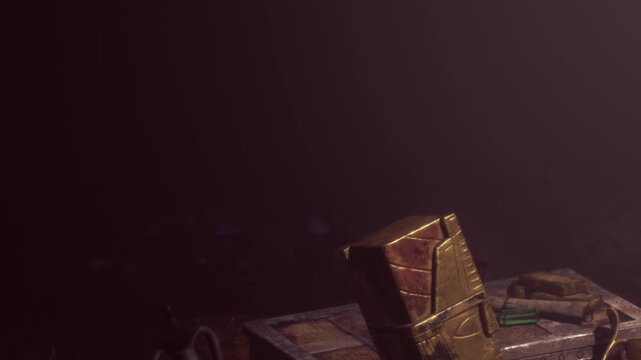 A group finds ancient treasures deep inside a dark cave during an exploration. Some artifacts are covered in dust and hidden in shadows.