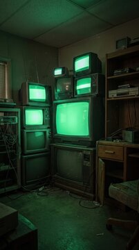 Stack of vintage CRT televisions with green screens in a dark retro room.