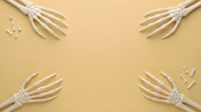 Four human skeleton hands placed in the corners on a light orange background for halloween