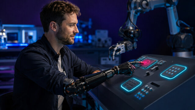 Engineer Testing Accessible Haptic Interface with Prosthetic Arm