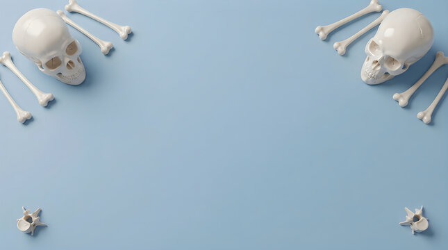 Two human skulls and various bones arranged as a frame on a solid light blue background surface