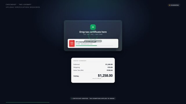 User uploading tax exemption certificate digital checkout interface, for automated financial compliance, document verification, business accounting, online payment processing, tax savings
