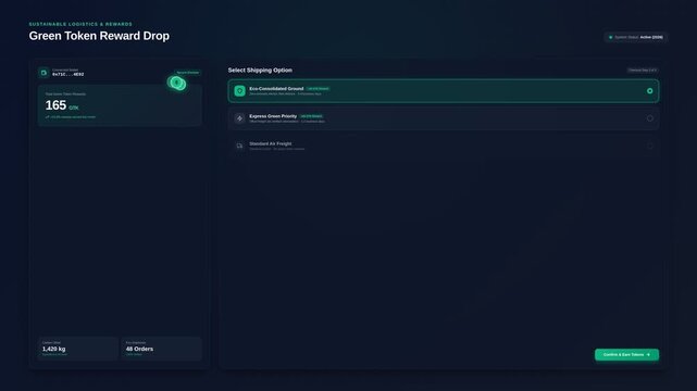 Digital interface with logistics shipping options carbon offset token rewards, for sustainable supply chain management, carbon footprint reduction, eco-friendly business operations