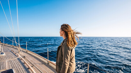Fototapeta premium Young woman standing on boat deck with wind in her hair against ocean and clear sky with copy space