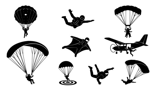 Black and white skydiver parachute and extreme sport vector set