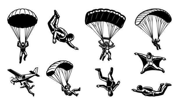 Skydiving parachute and paraglider black white silhouette vector set