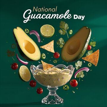 National Guacamole Day festive composition with fresh avocados limes cilantro cherry tomatoes jalape&ntilde;os tortilla chips and vibrant green background celebration artwork generated ai